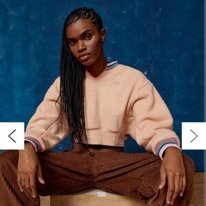 BDG Collins Fleece Pullover Sweatshirt Size M Cream With Blue Stripes UO EUC